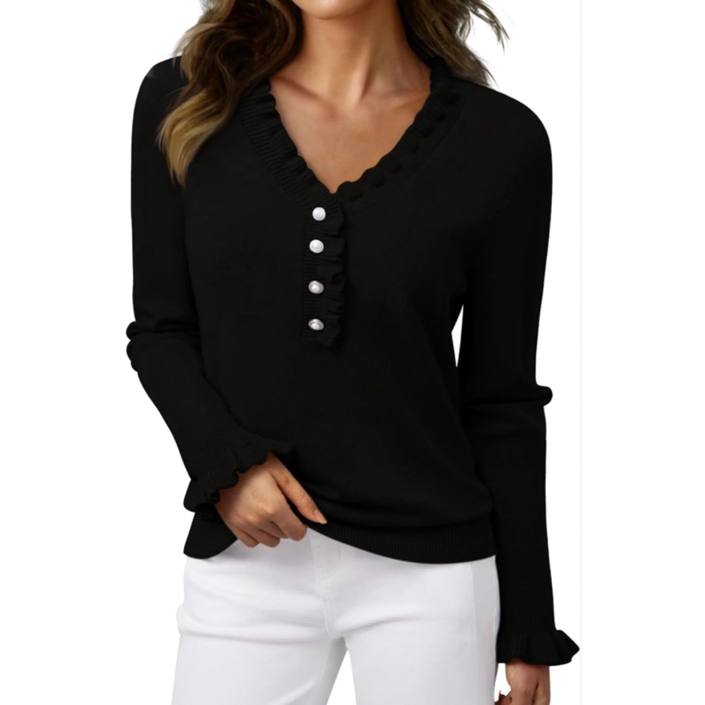 NEW V Neck Sweater Button Down Ruffle Trim Knitted Pullover L